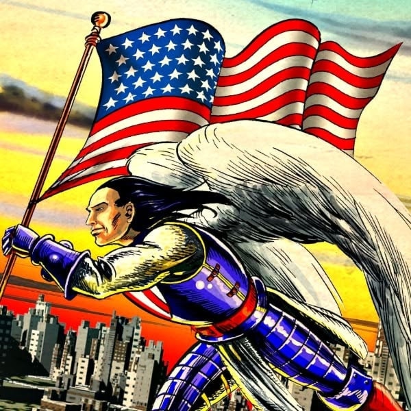 Frankie Russo holding an American flag